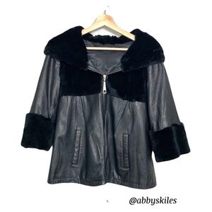 Black Lambs Leather Hooded Short Leather Jacket w/ Rabbit Fur Trim Small Matrix